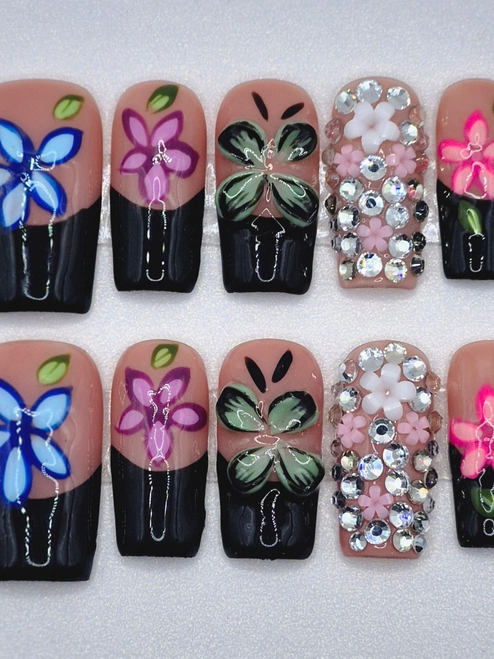 Large Square Press On Nails Moonlit Wildflowers Handmade
